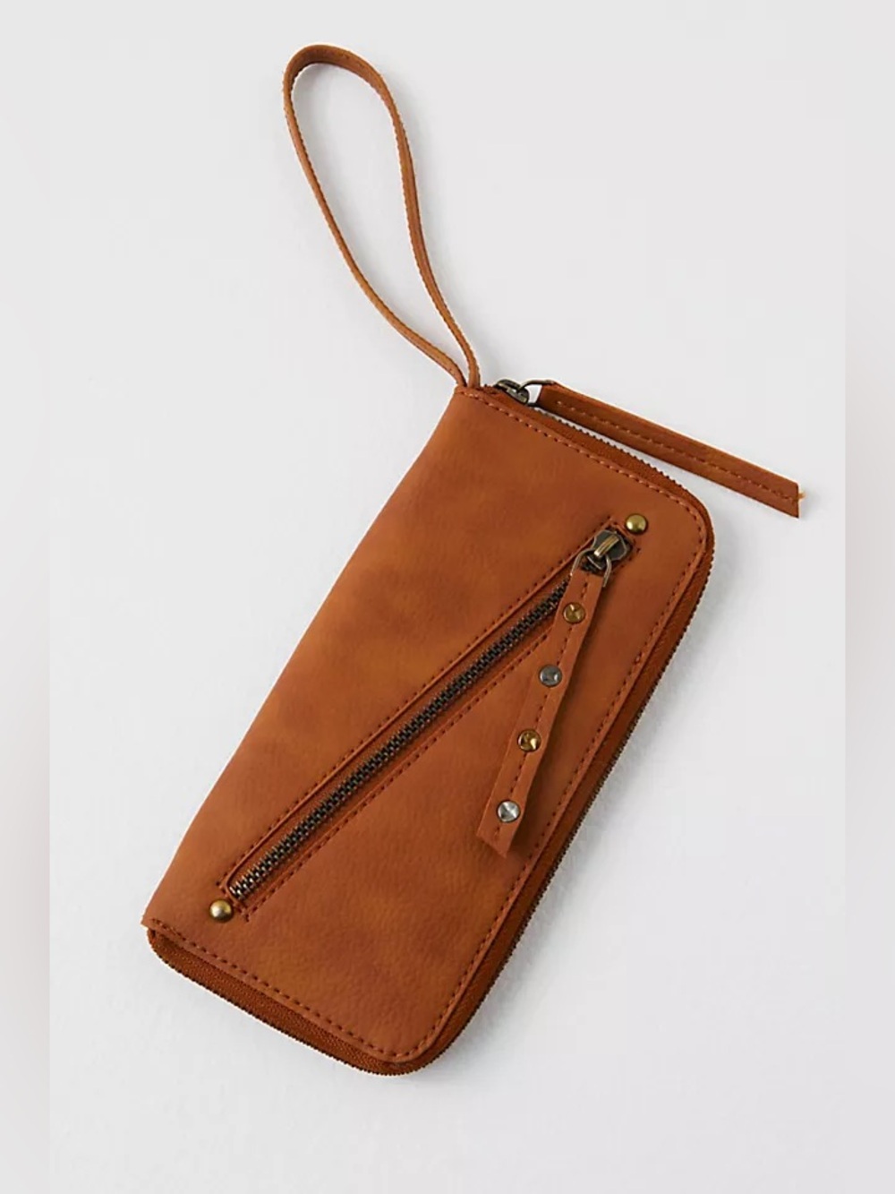 Free People Brown Vegan Leather Wristlet Wallet Zip Around Clutch Boho